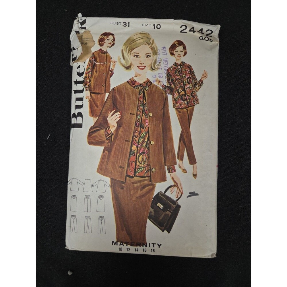 Butterick Pattern 2442 Women's Maternity Pants Skirt Size 10 Bust 31 1960’s Cut